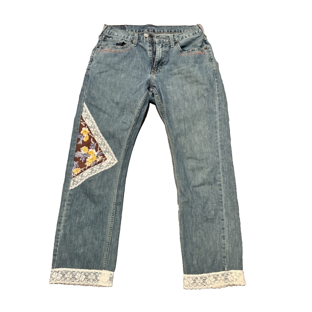 Vintage Levis Jeans blue 6-8 Patchwork Bootcut Boho Hippie Lace bottom denim